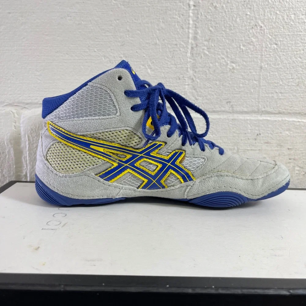 Asics Snapdown Gray True Blue J502Y Athletic Wrestling Shoes Sneaker Kids 5.5 US